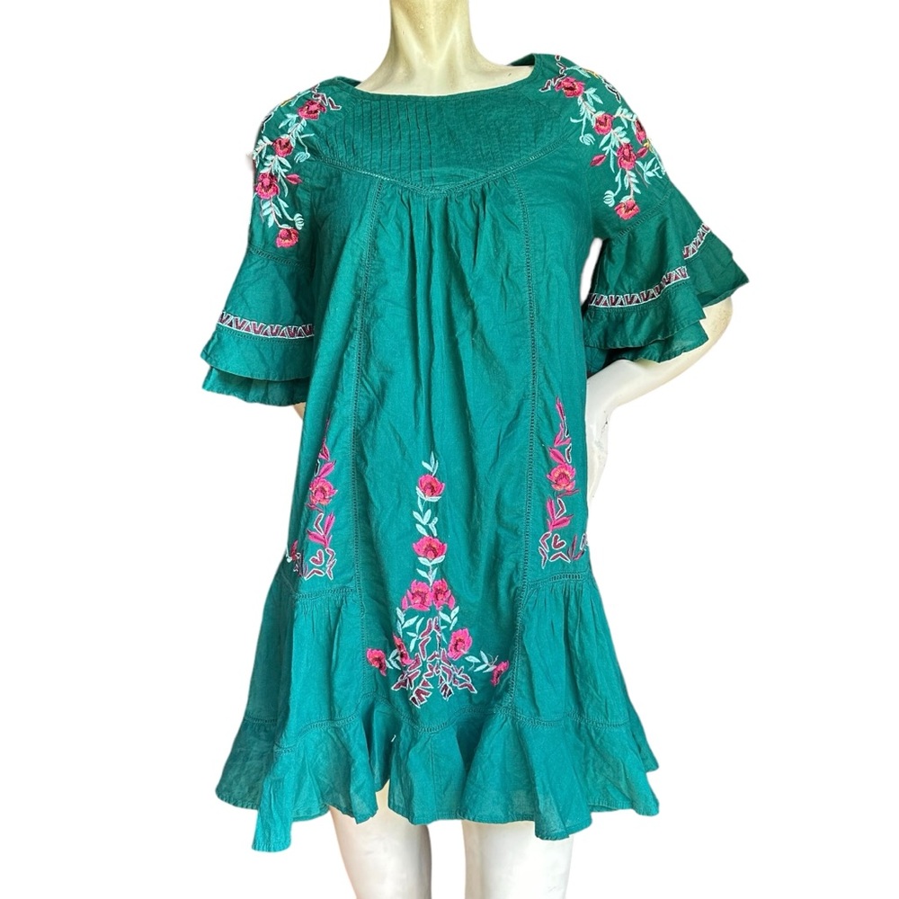 Free People Green Embroidered 3/4 Bell Sleeve Babydoll Boho Mini Dress Small